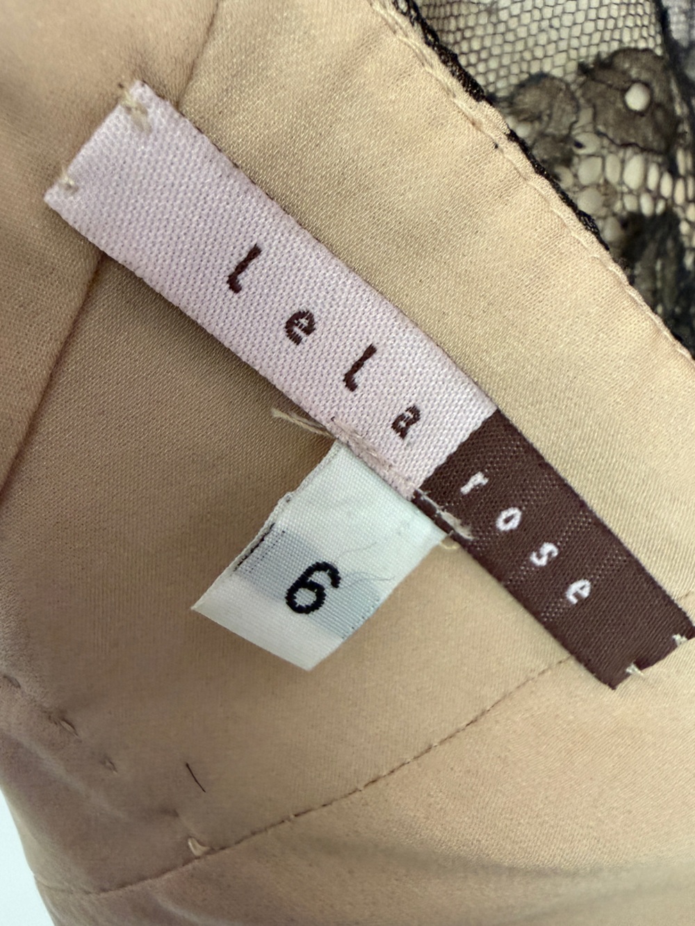 Lela Rose Blush and Brown Beaded Halter Lace Midi Dress Sz 6 - Picture 12 of 12